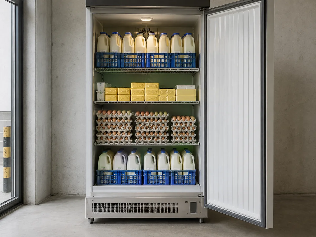 An open commercial refrigerator stacked with milk, butter and eggs