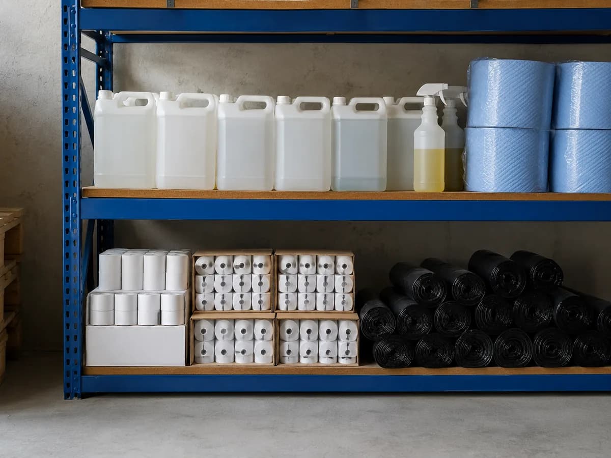 Shelved catering cleaning chemicals, blue roll and boxed till rolls