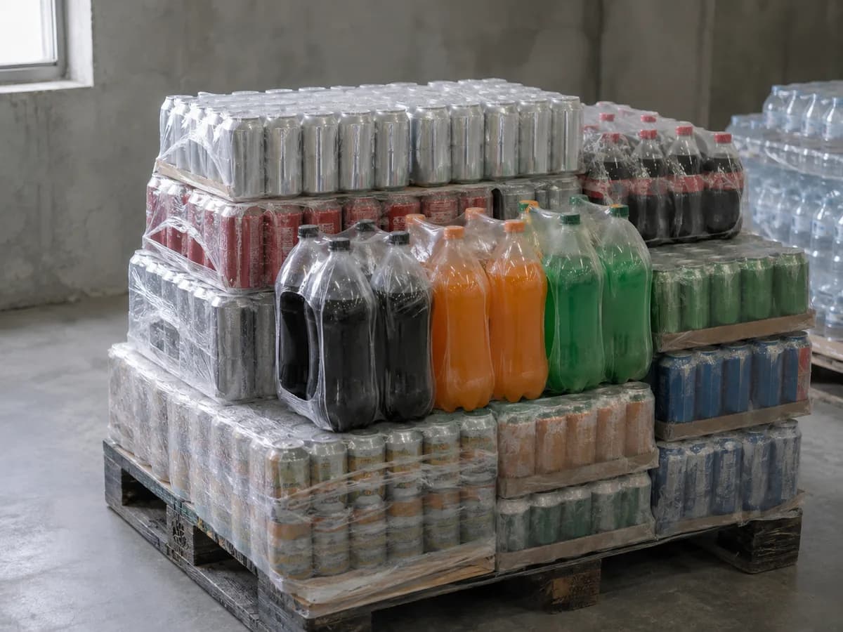 Shrink-wrapped cases of canned and bottled soft drinks on a warehouse pallet