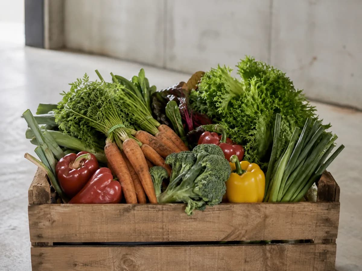 A wooden crate of fresh vegetables including peppers, carrots, broccoli and salad leaves
