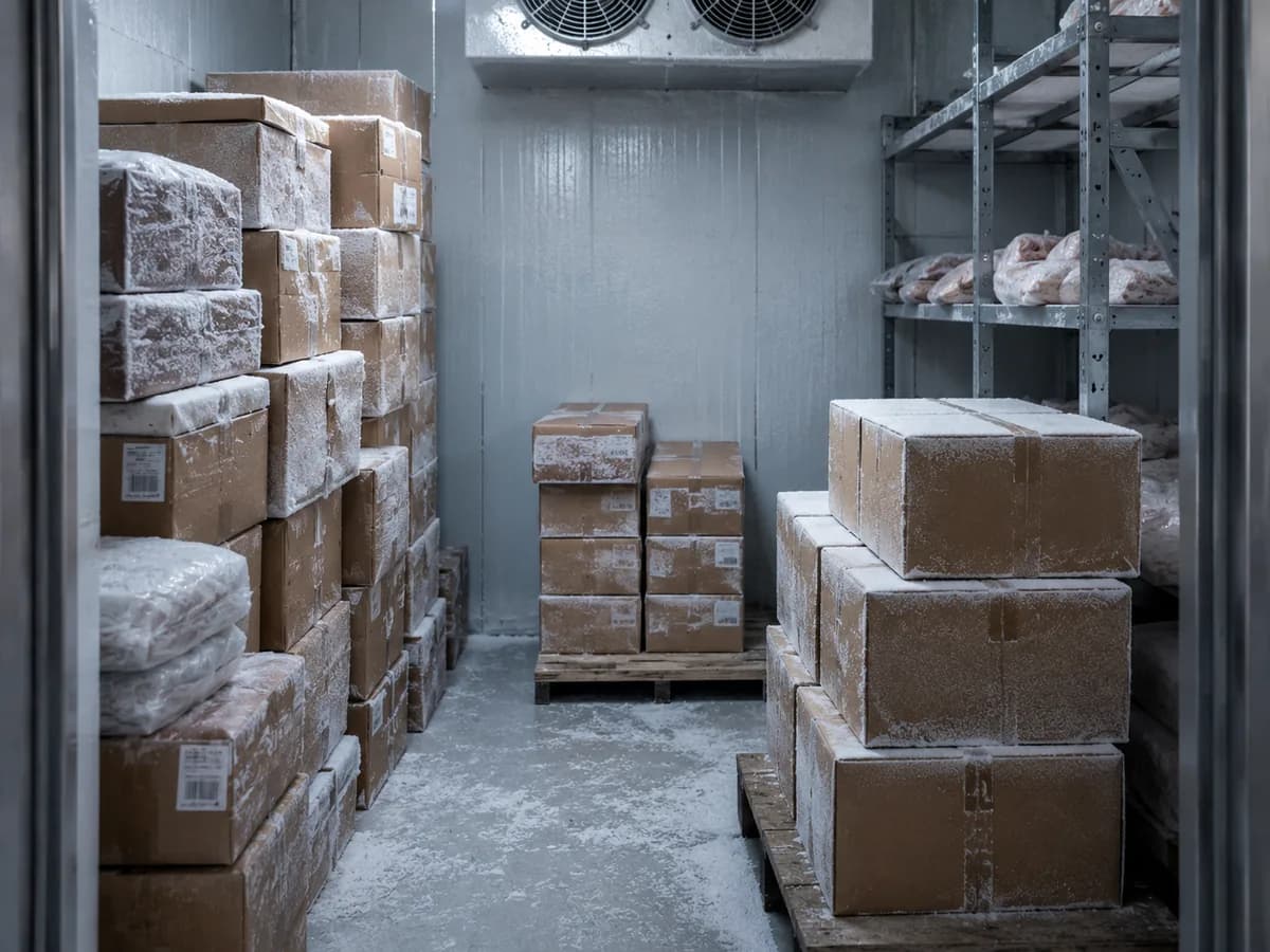 Frost-covered cases stacked on pallets inside a walk-in freezer