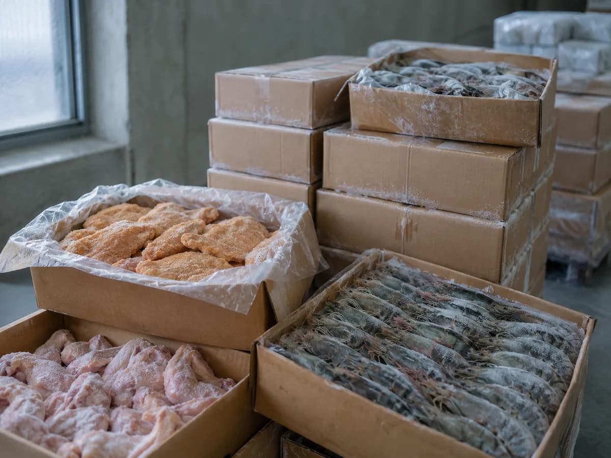 Cases of frozen chicken and king prawns stacked in a cold store