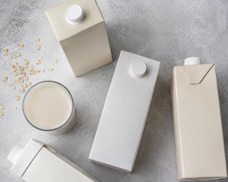 Unlabelled cartons of plant milk beside a poured glass of oat milk