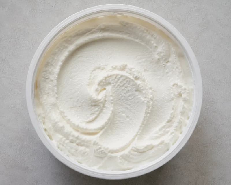 An open tub of thick natural yoghurt with a spoon-swirled surface